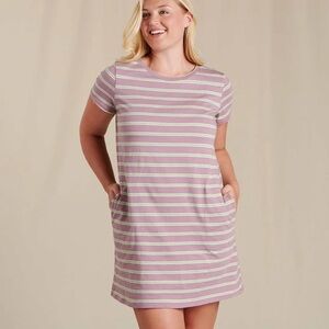 Toad&Co Windmere II Short Sleeve Dress XL Faded Lilac 90s Stripe Pockets Stretch